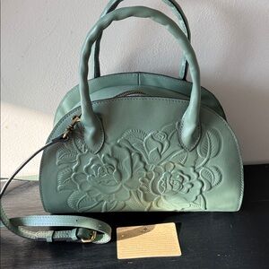 Patricia Nash Angelina Sage Green Floral Embossed Satchel Handbag/ Cross Body